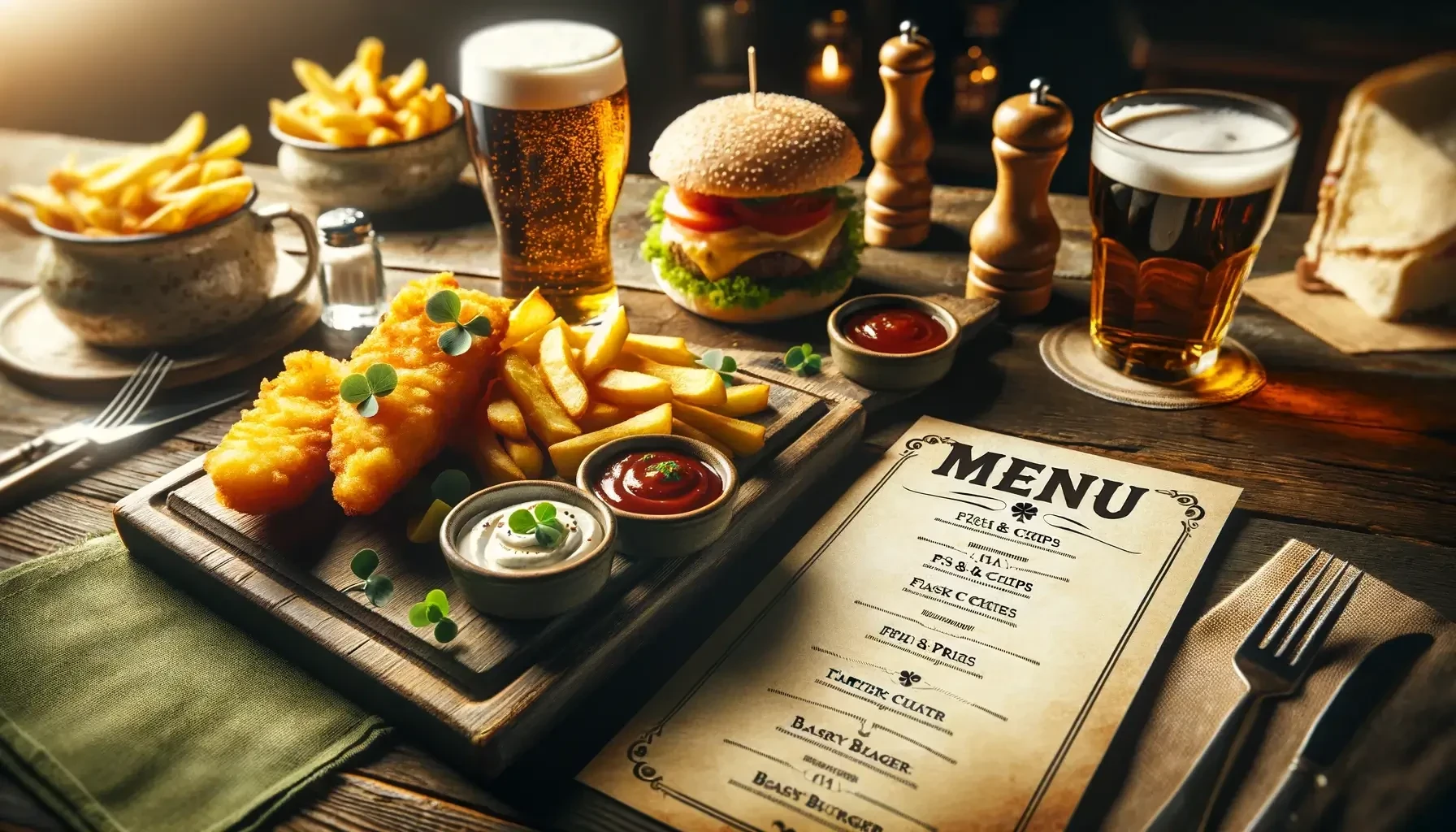 menu-1.webp A wooden table is set with a variety of dishes, including battered fish fillets and golden fries on a cutting board, alongside a burger with lettuce and tomato. Two pints of beer and dipping sauces are placed nearby. A menu listing items like