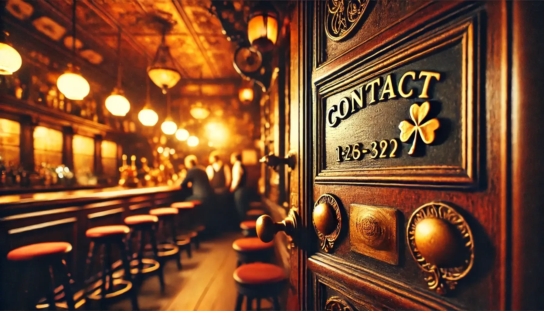contact-1.webp A wooden door with ornate details displays the word