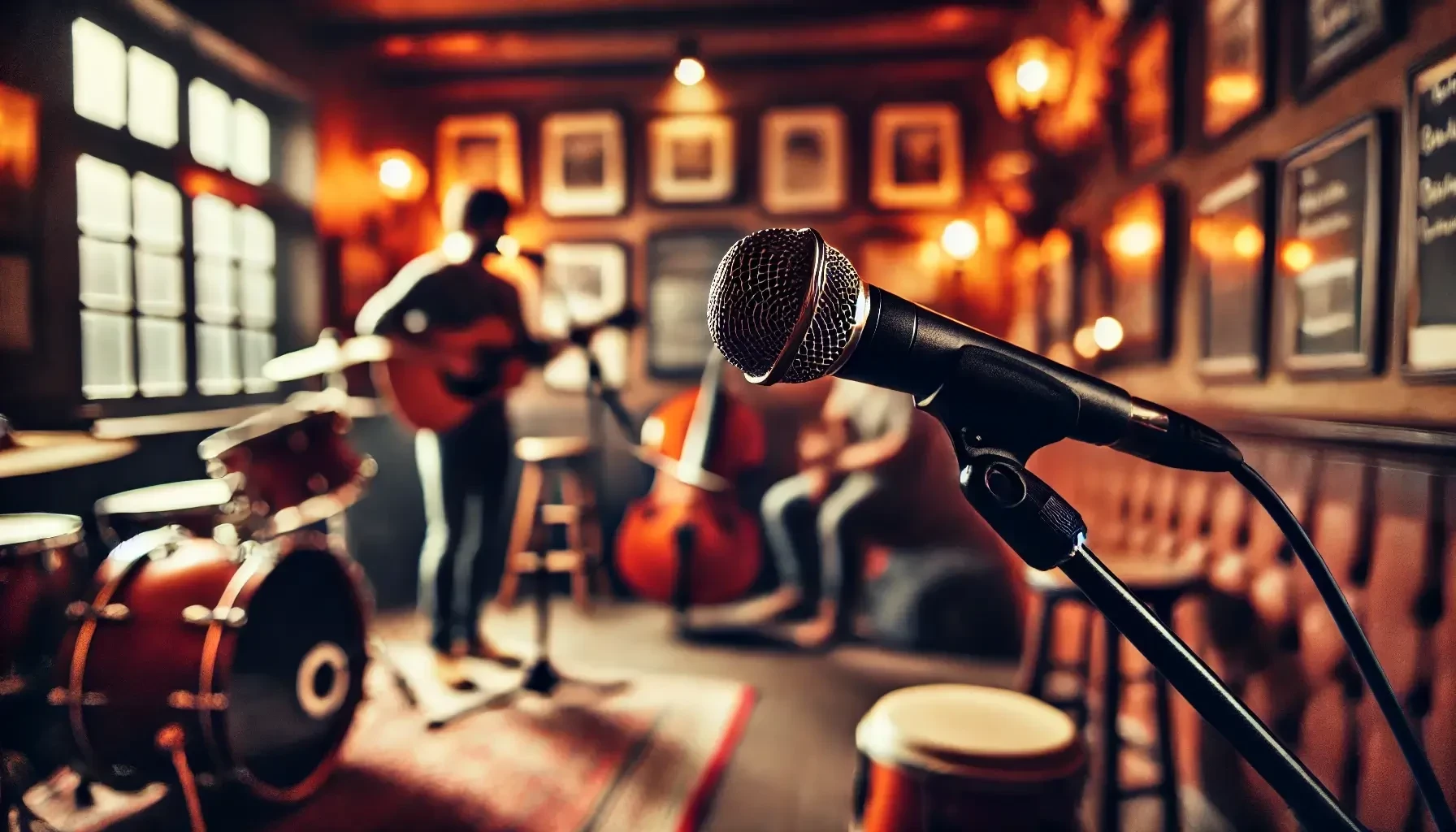 live-music.webp A microphone stands in the foreground of a cozy music venue, with a musician playing an acoustic guitar in the background. Soft lighting highlights the wooden decor and framed pictures on the walls, creating an intimate atmosphere for the performance.
