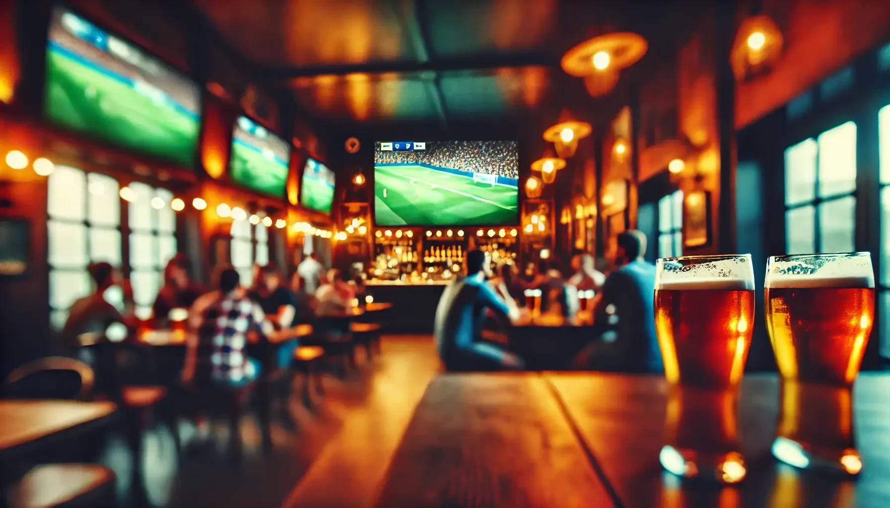 livesport2.webp A warm, dimly lit pub scene features two glasses of amber beer in the foreground, with patrons enjoying their drinks and watching a soccer match displayed on large screens in the background. The bar is lined with sparkling glasses and soft ambient lighting creates a cozy atmosphere.