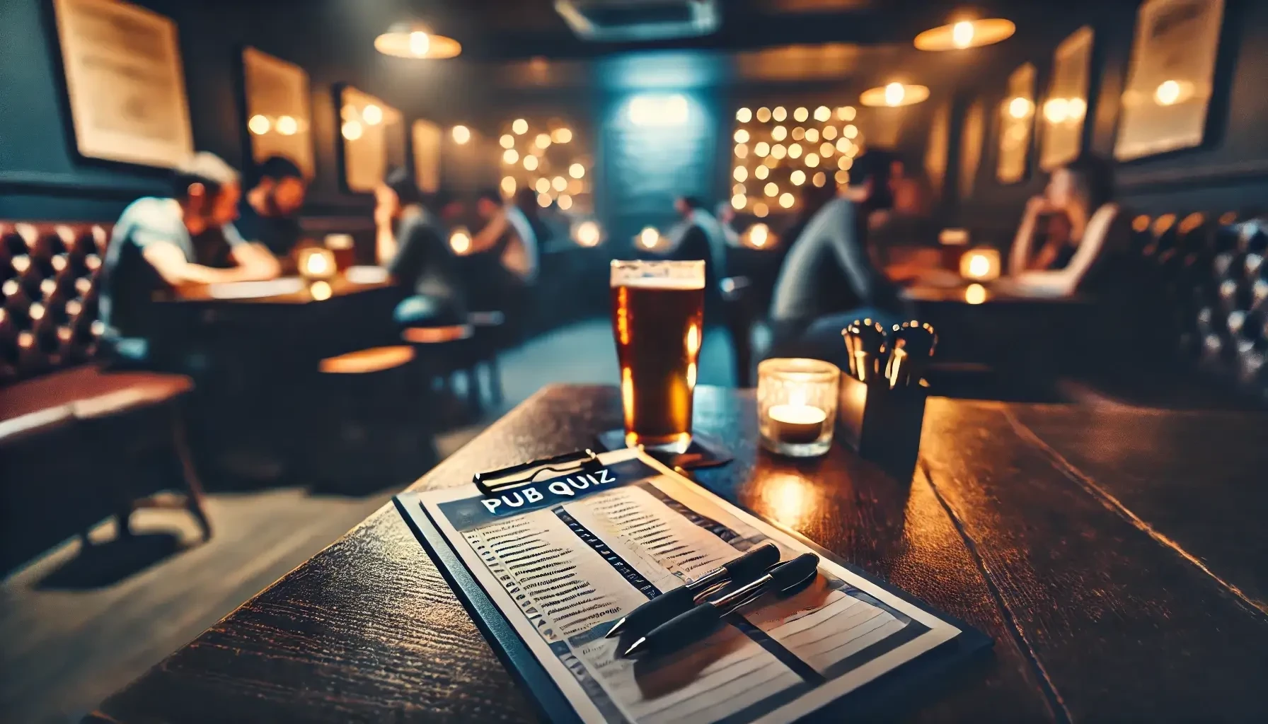 pub-quiz-1-2.webp A pub quiz sheet with pens rests on a wooden table, alongside a pint of beer and a candle. The dimly lit environment features people chatting in the background, with warm lighting creating a cozy atmosphere.
