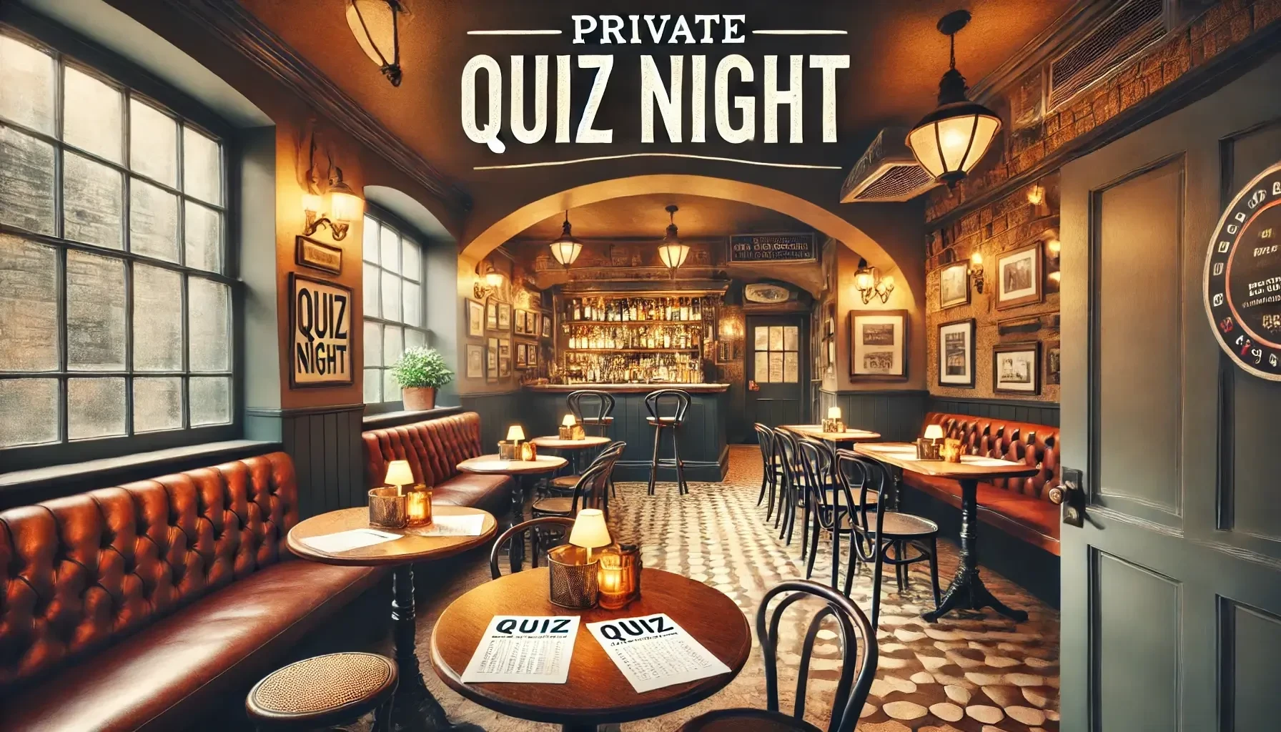 private-pub-quizzes.webp A cozy interior of a pub features wooden tables and chairs arranged neatly. The brown leather banquette lines the walls, while warm lighting creates a welcoming atmosphere. A bar with numerous bottles is visible at the back, and