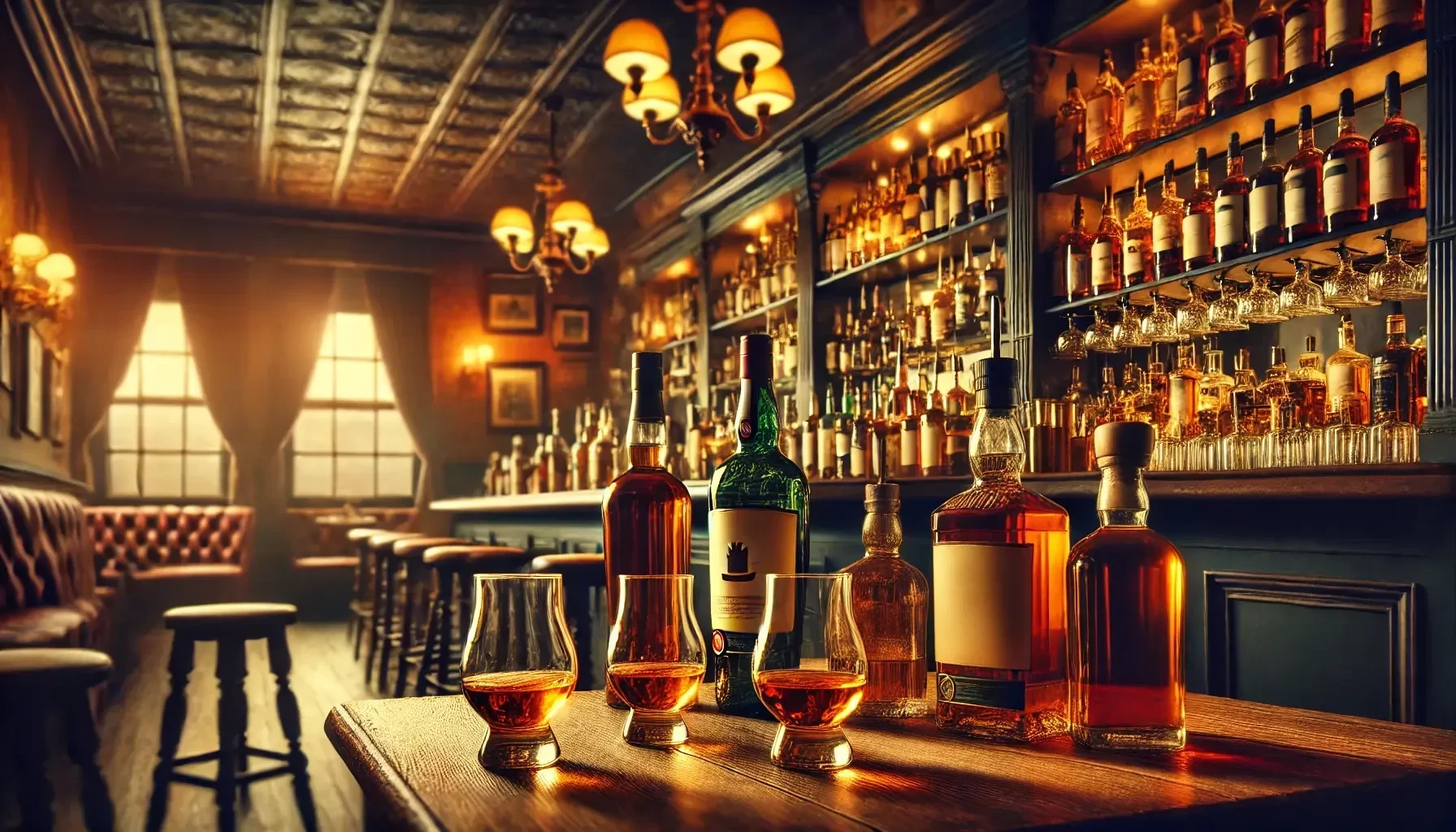 whiskey-tastings-1.webp A wooden bar top displays several whiskey bottles and glass tumblers filled with amber liquid. The background features a dimly lit bar with shelves lined with various liquor bottles, and warm light illuminates the room, creating a cozy atmosphere. Elegant chandeliers and plush seating add to the inviting ambiance.